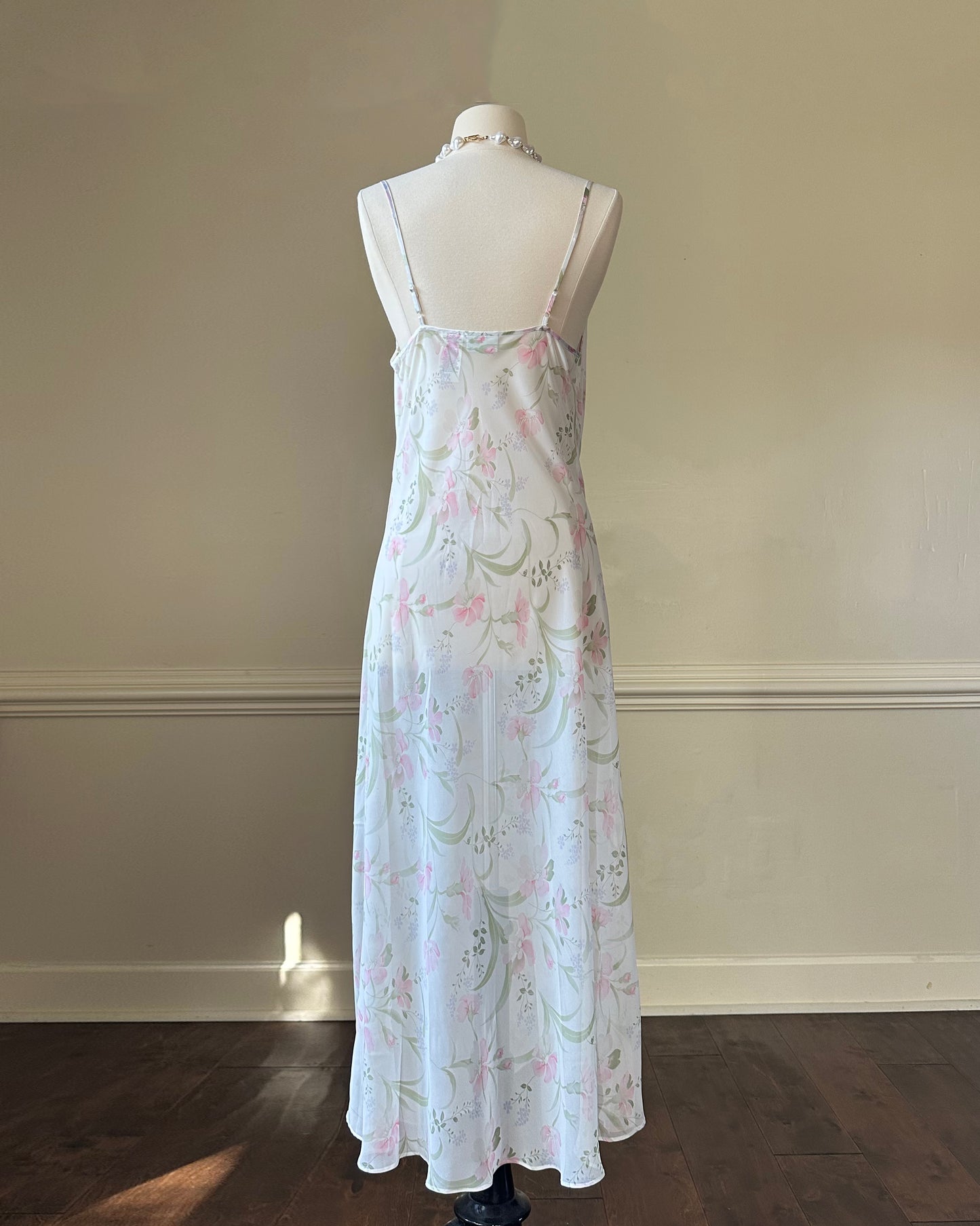 Vintage floral slip dress featuring a soft cowl neckline