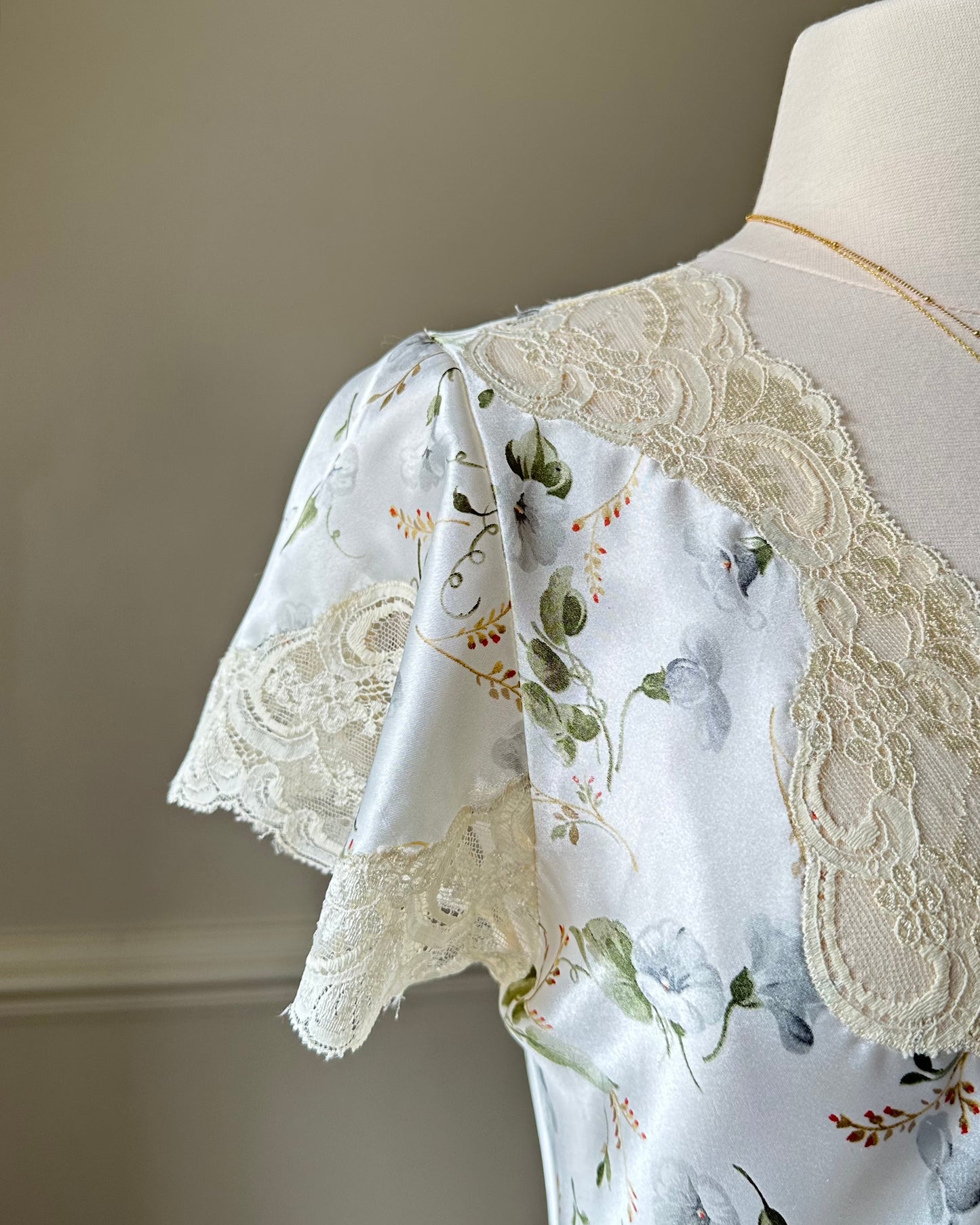 Elegant Vintage Dior Satin Maxi Dress featuring White Peony Prints