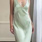 Fairy goddess soft green maxi slip dress featuring deep v neckline