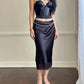 Sultry Midi Satin Skirt in Black featuring Floral Lace