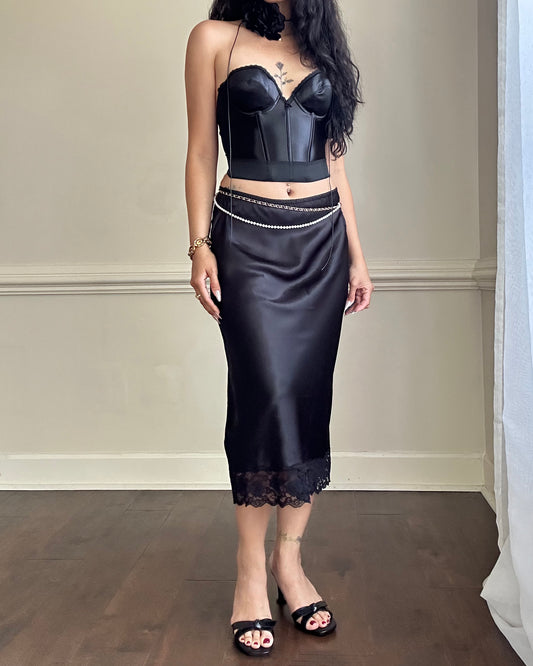 Sultry Midi Satin Skirt in Black featuring Floral Lace