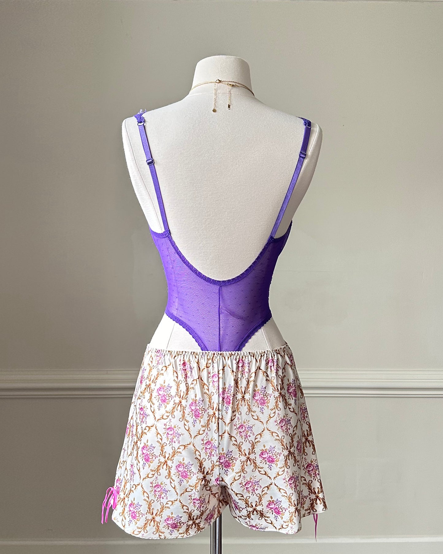 Satin Short featuring Brocade Pattern with Lace Trimmings