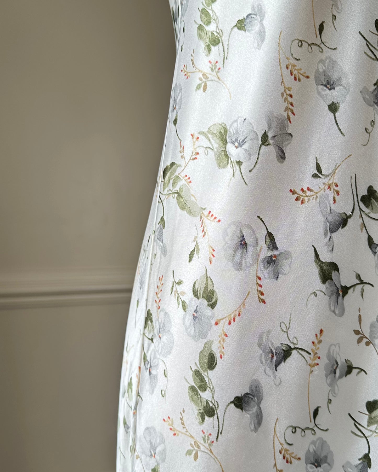 Elegant Vintage Dior Satin Maxi Dress featuring White Peony Prints