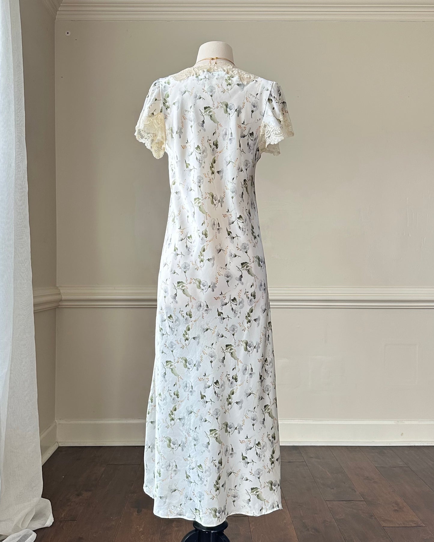 Elegant Vintage Dior Satin Maxi Dress featuring White Peony Prints