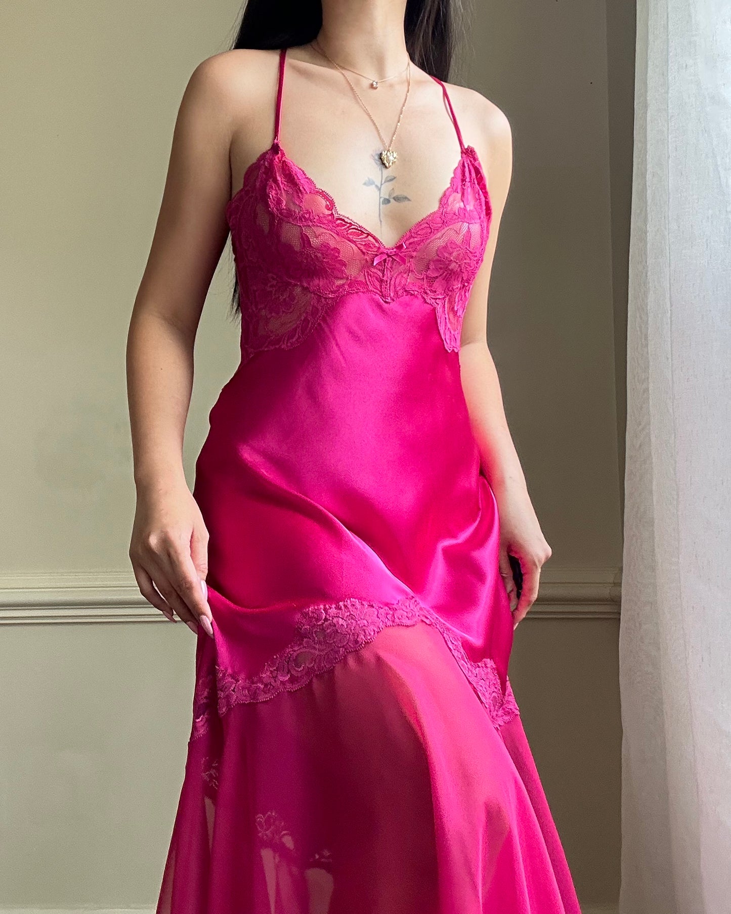 Sultry Hot Pink Slip Dress featuring Floral Laced Bustier with Satin Bodice