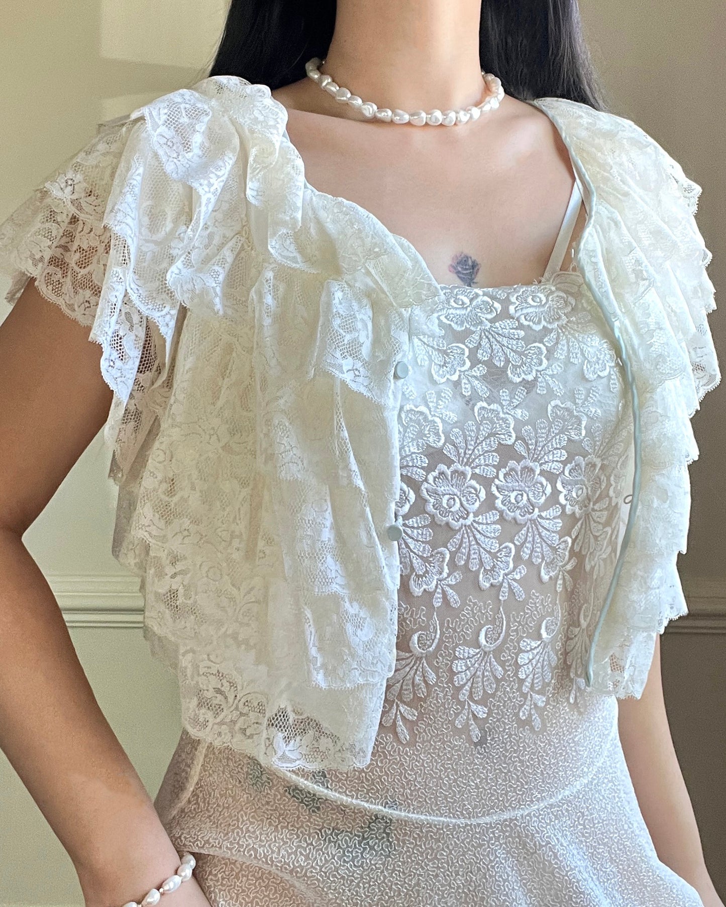 RARE Vintage Y2k Cropped Cardigan featuring Tiered Floral Lace in Vintage Cream