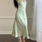 Fairy goddess soft green maxi slip dress featuring deep v neckline