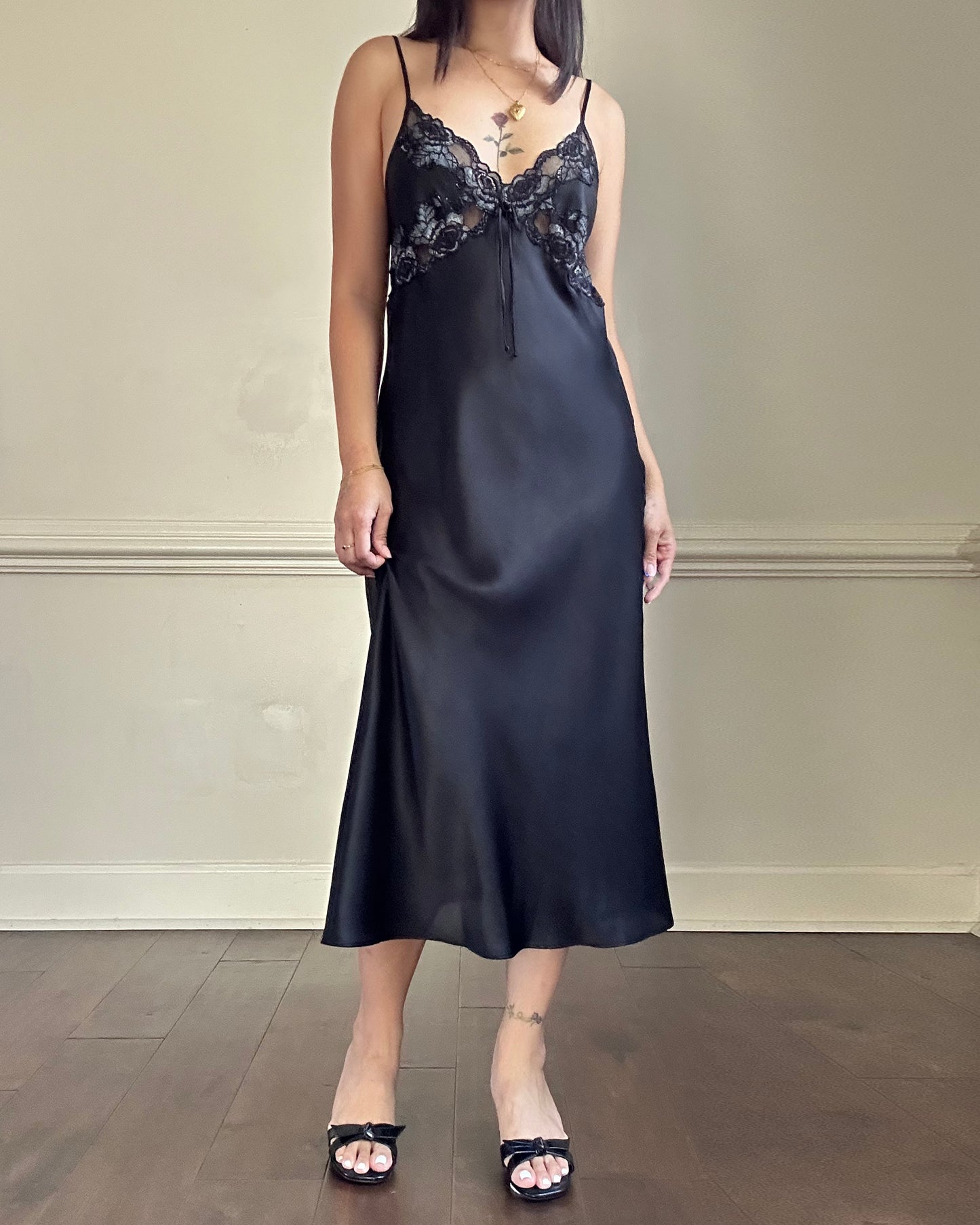 Vintage Jones New York black lace midi slip dress