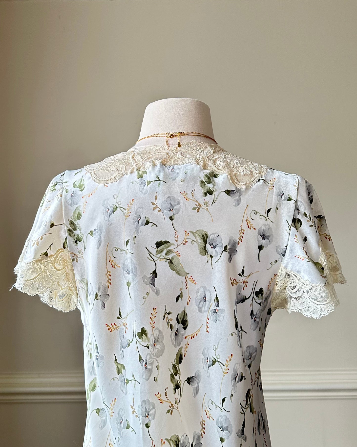 Elegant Vintage Dior Satin Maxi Dress featuring White Peony Prints