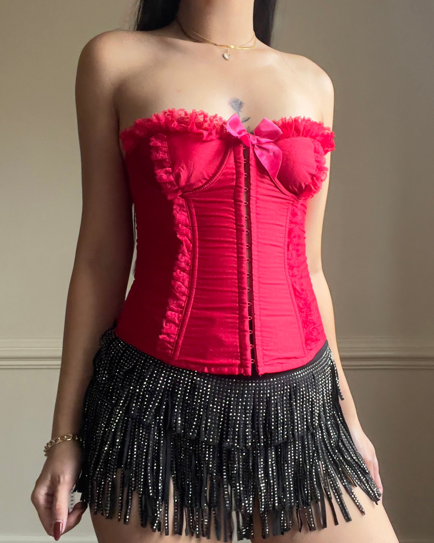 RARE Victoria’s Secret Strapless Bustier Corset in Ruby Red features Lace Sewn-in Cups Adorned with Bow
