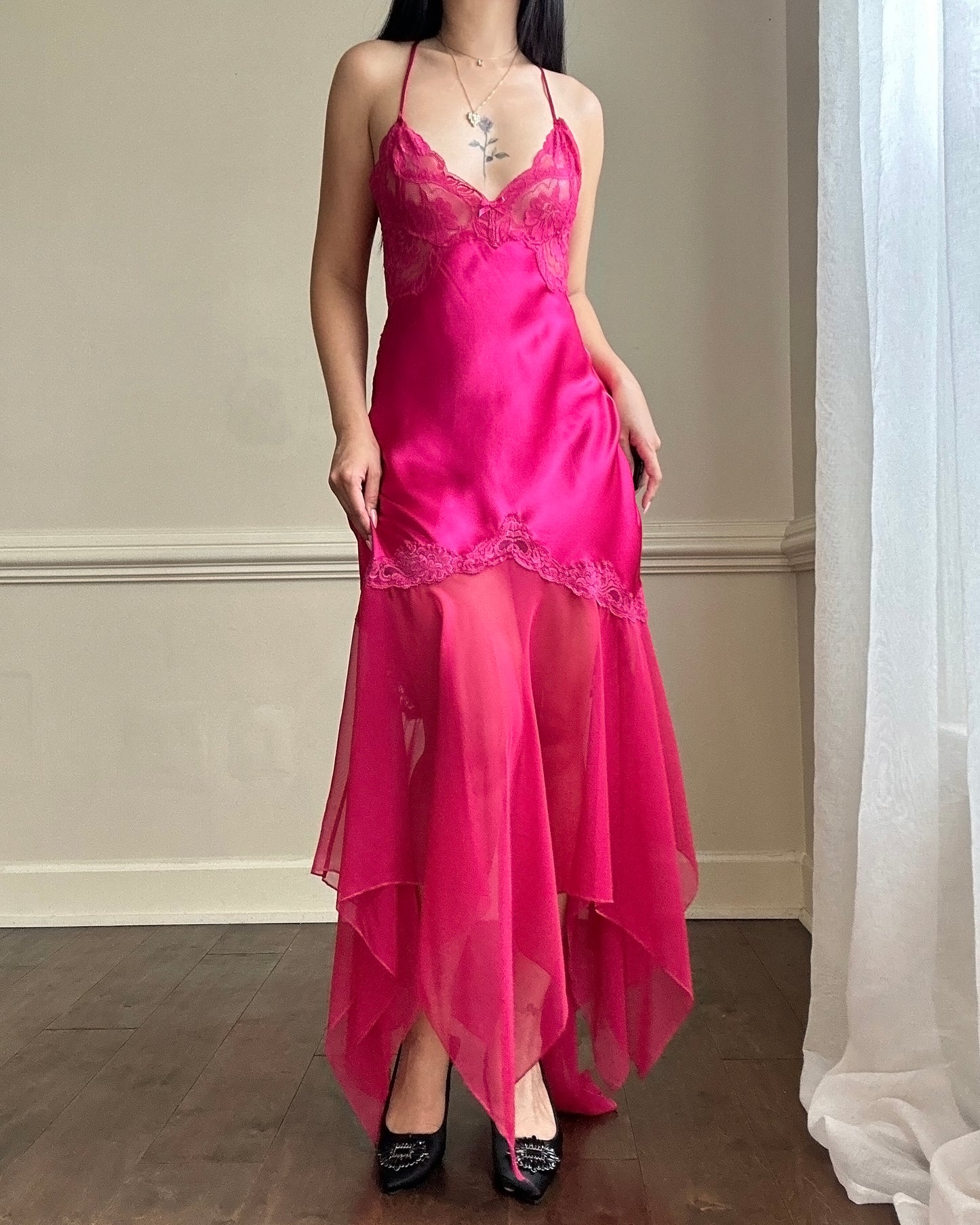 Sultry Hot Pink Slip Dress featuring Floral Laced Bustier with Satin Bodice