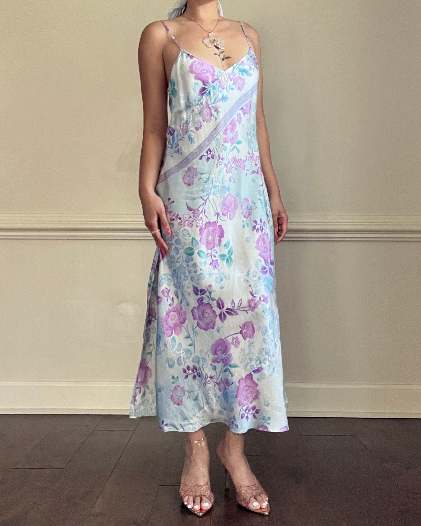 Vintage August Silk 100% silk floral midi slip dress