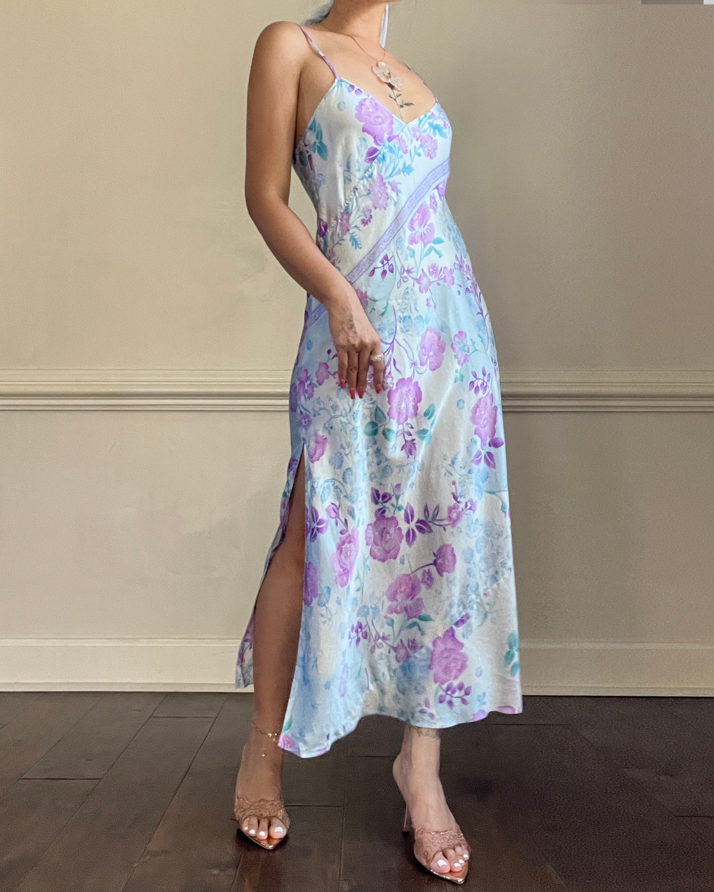 Vintage August Silk 100% silk floral midi slip dress