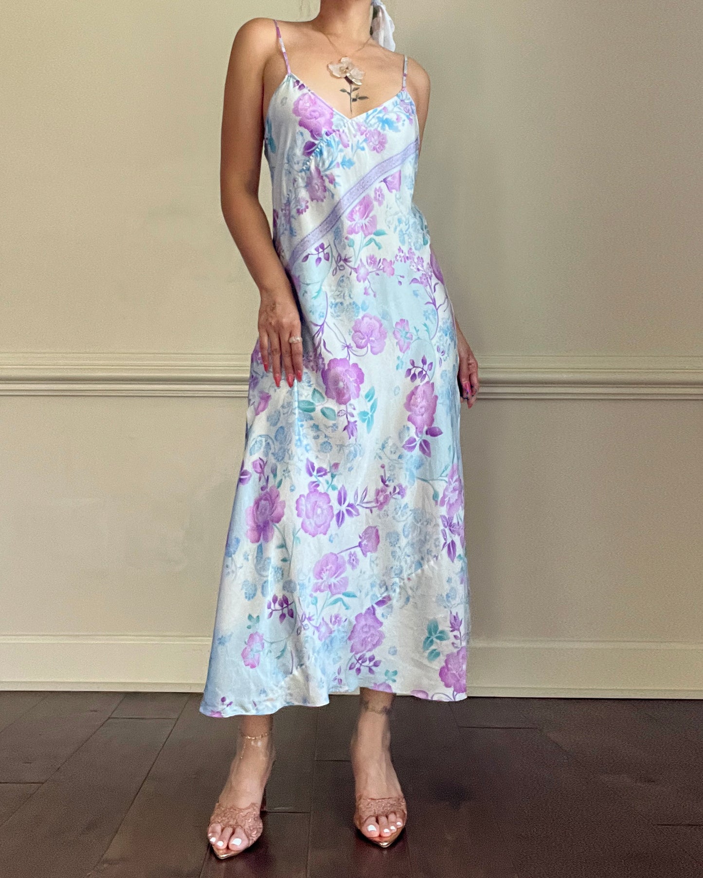 Vintage August Silk 100% silk floral midi slip dress