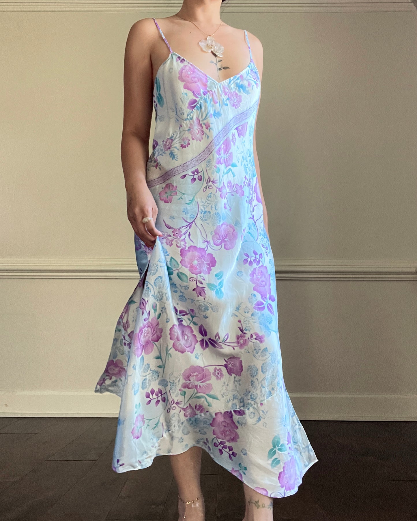 Vintage August Silk 100% silk floral midi slip dress