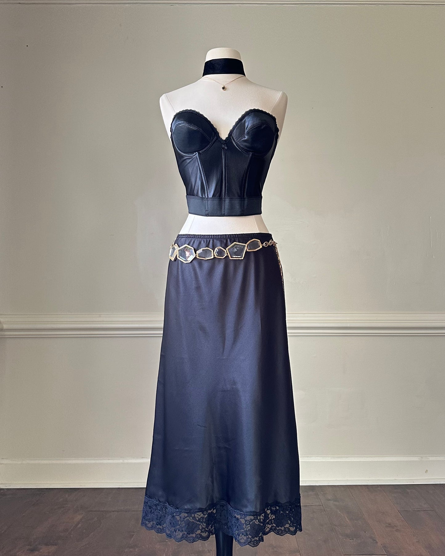 Sultry Midi Satin Skirt in Black featuring Floral Lace