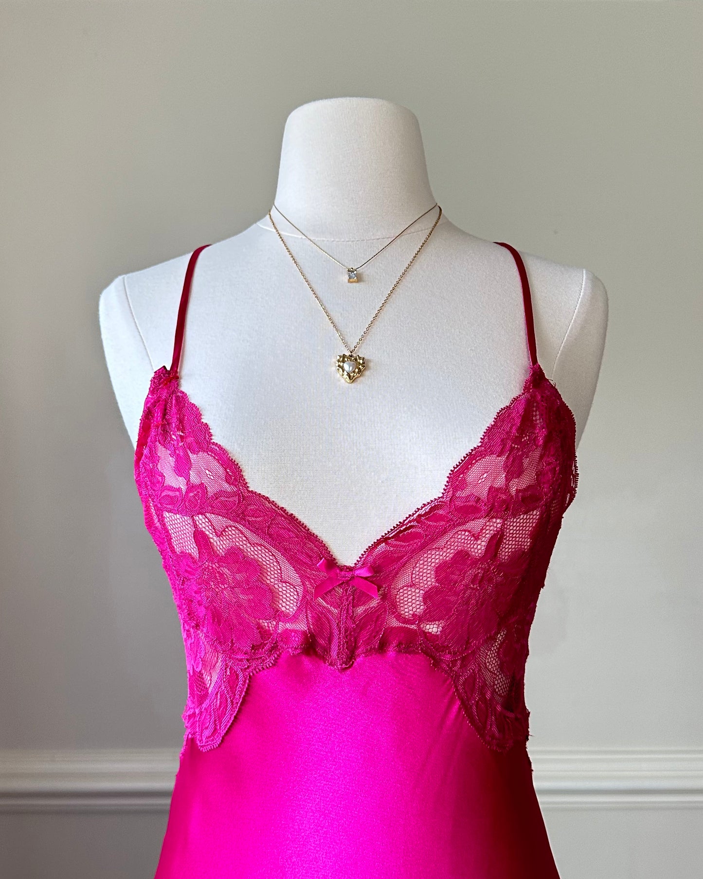 Sultry Hot Pink Slip Dress featuring Floral Laced Bustier with Satin Bodice