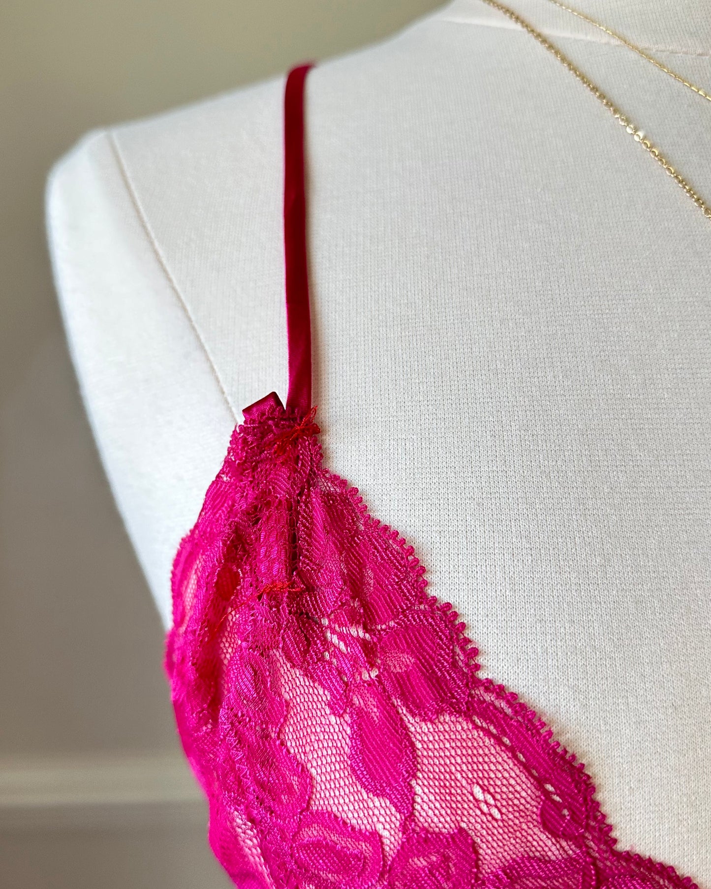 Sultry Hot Pink Slip Dress featuring Floral Laced Bustier with Satin Bodice