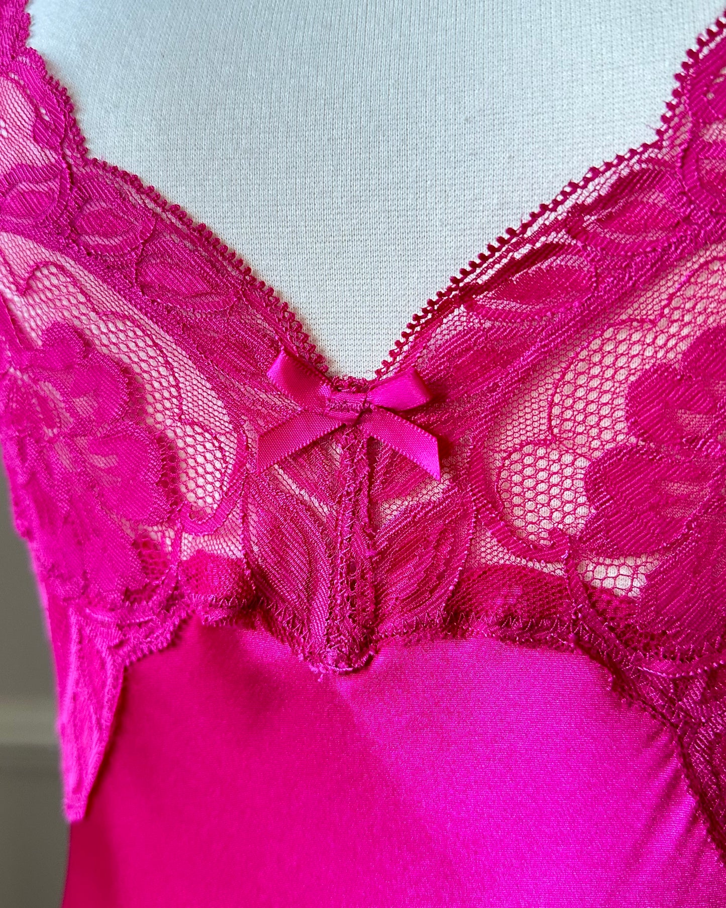 Sultry Hot Pink Slip Dress featuring Floral Laced Bustier with Satin Bodice