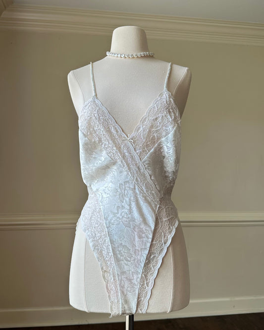 Vintage 80's Floral Embossed Bodysuit featuring Sheer Lace Bustier Crossover