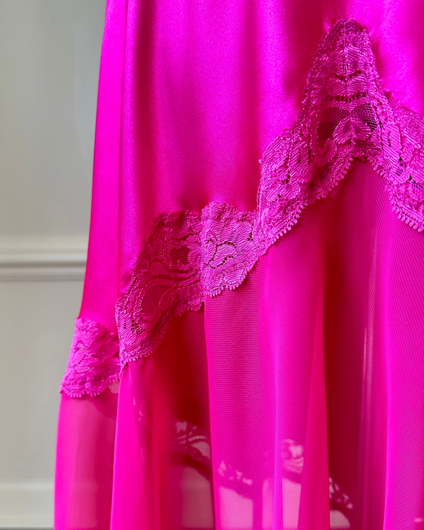 Sultry Hot Pink Slip Dress featuring Floral Laced Bustier with Satin Bodice