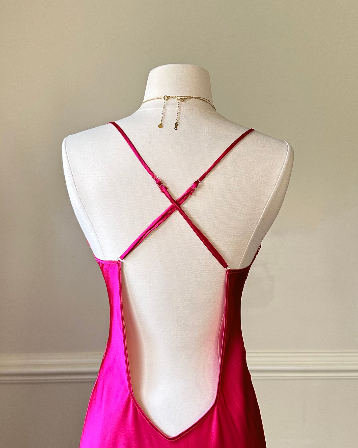 Sultry Hot Pink Slip Dress featuring Floral Laced Bustier with Satin Bodice