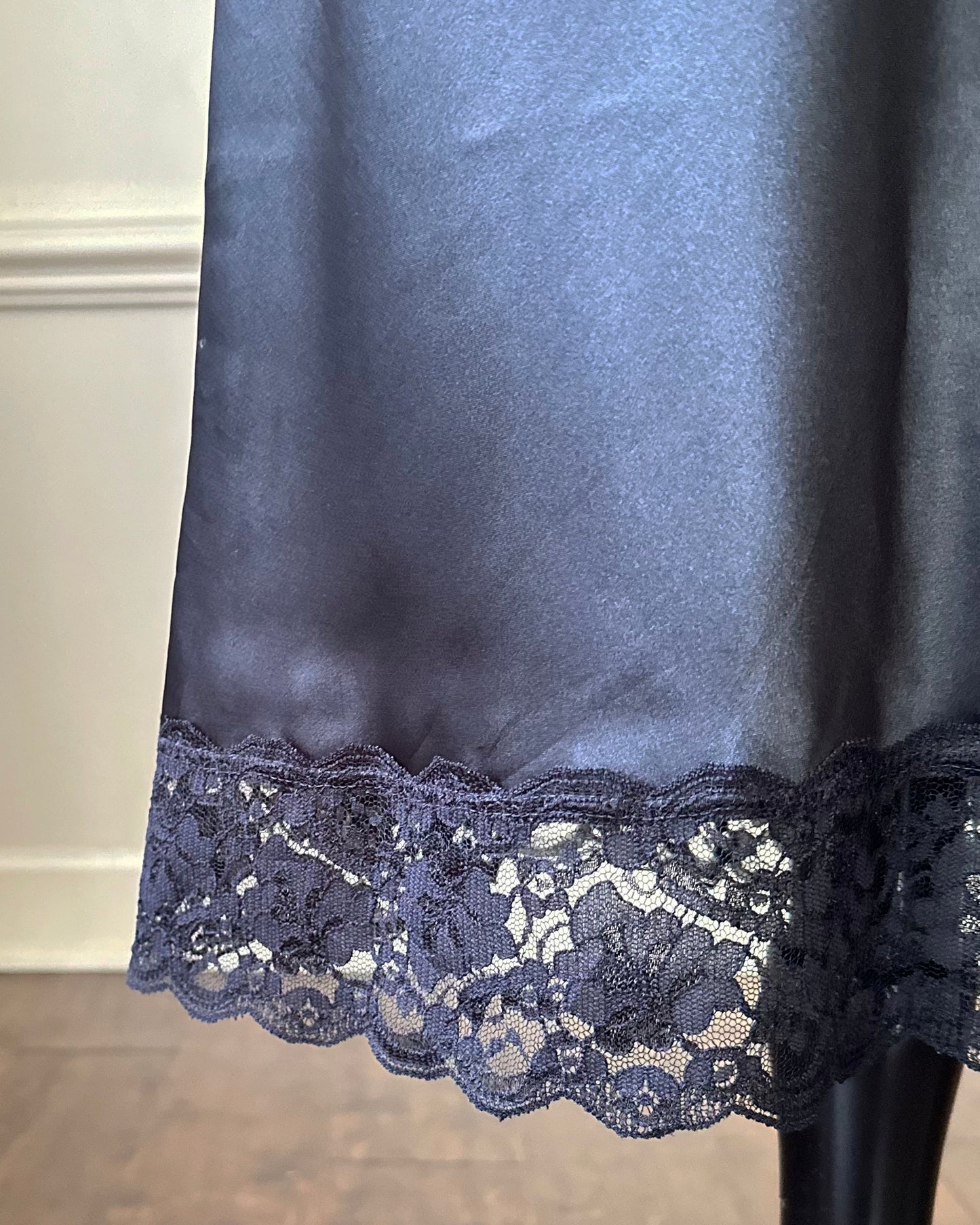 Sultry Midi Satin Skirt in Black featuring Floral Lace