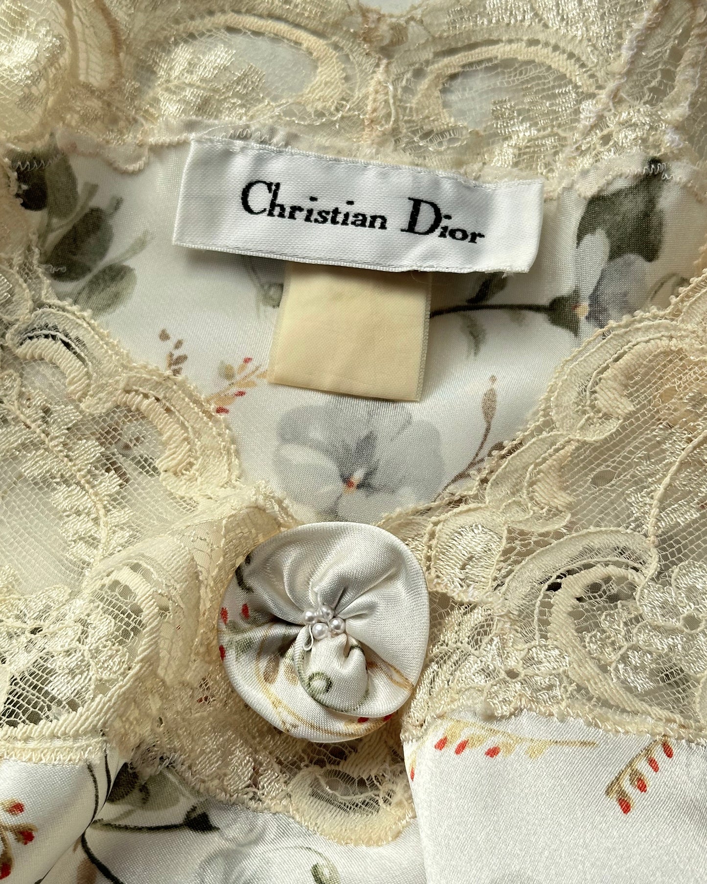 Elegant Vintage Dior Satin Maxi Dress featuring White Peony Prints