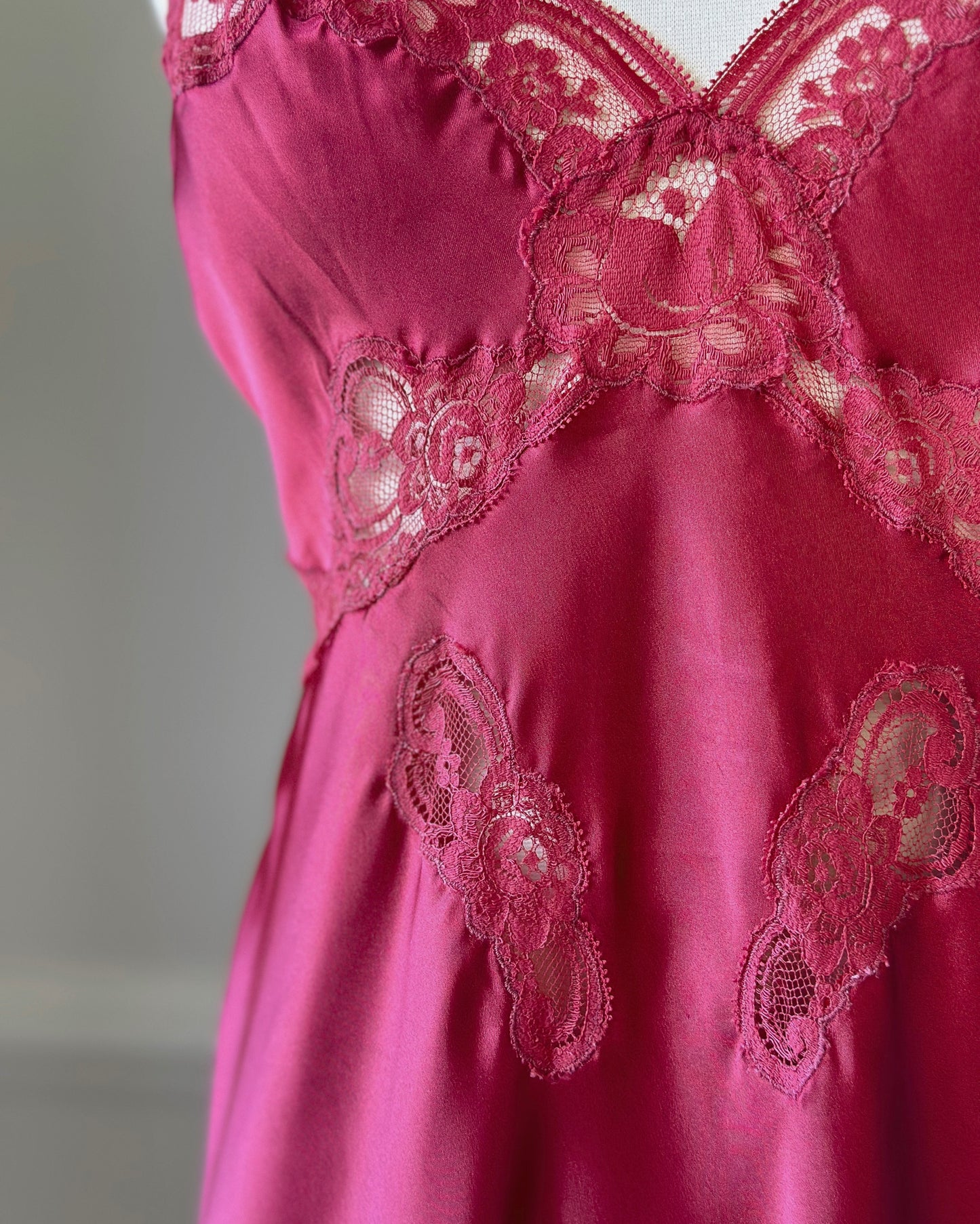 Vintage Dior maroon satin maxi dress featuring paisley embroidery bust