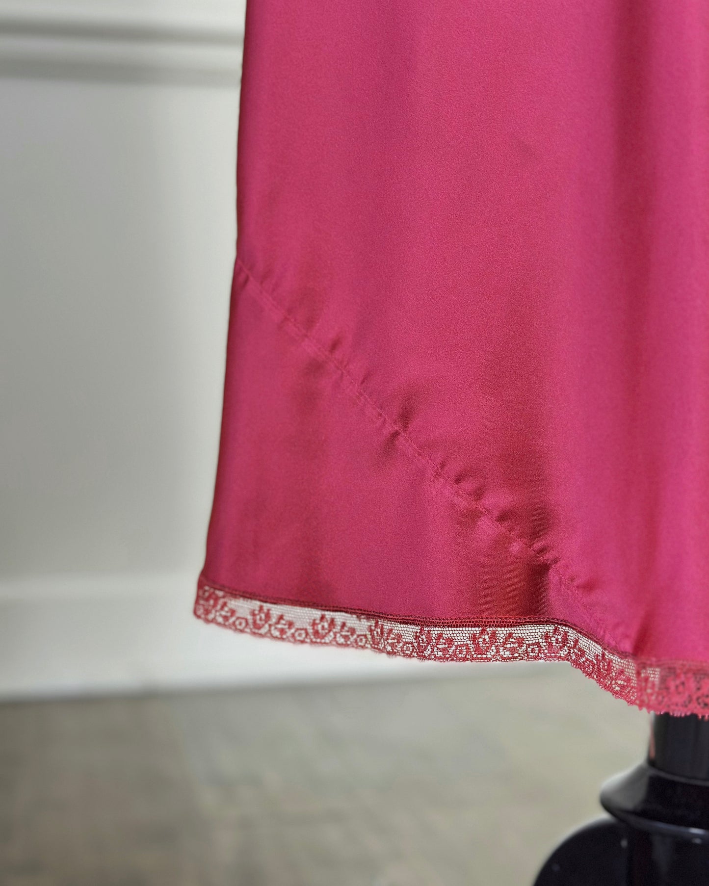 Vintage Dior maroon satin maxi dress featuring paisley embroidery bust