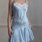 Baby Blue Satin Slip Dress — White Lace Neckline & Ruffle Hem