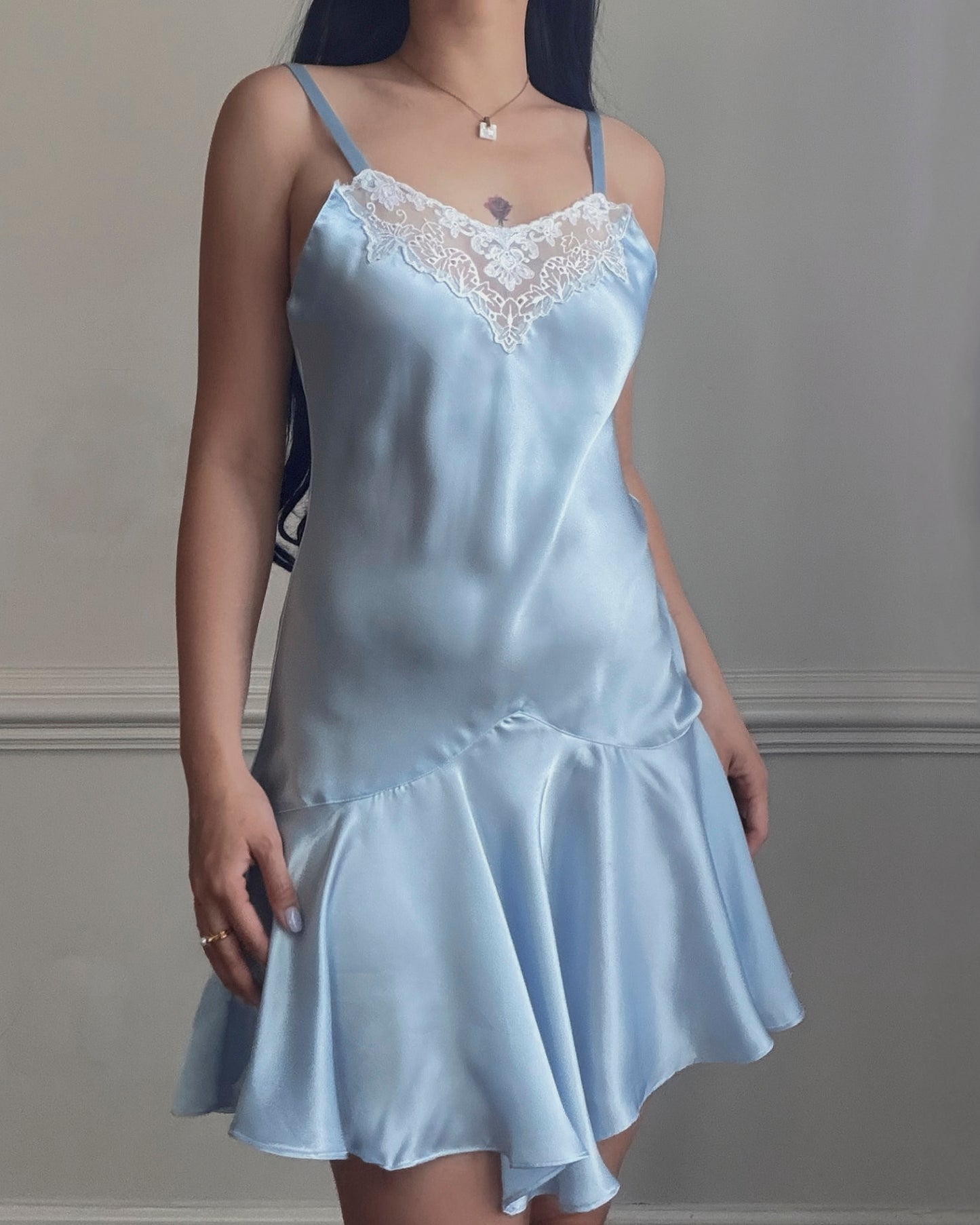 Baby Blue Satin Slip Dress — White Lace Neckline & Ruffle Hem