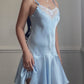 Baby Blue Satin Slip Dress — White Lace Neckline & Ruffle Hem