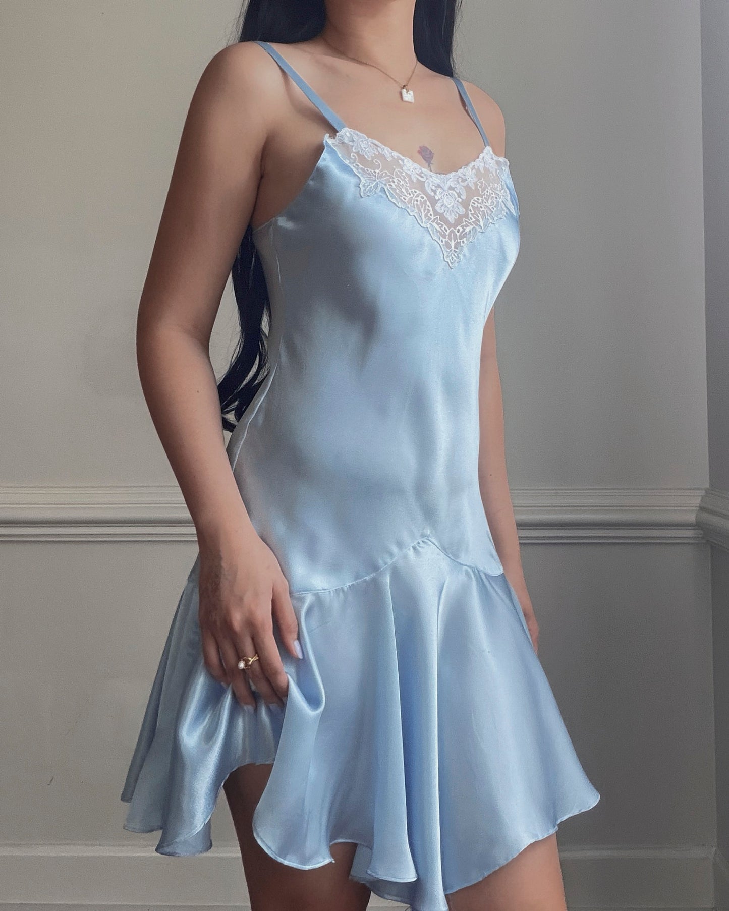 Baby Blue Satin Slip Dress — White Lace Neckline & Ruffle Hem