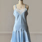Baby Blue Satin Slip Dress — White Lace Neckline & Ruffle Hem