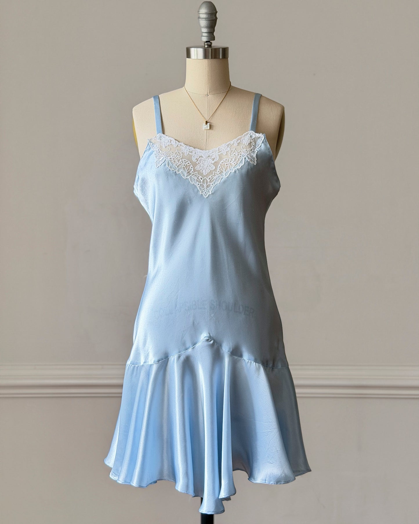 Baby Blue Satin Slip Dress — White Lace Neckline & Ruffle Hem