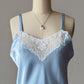 Baby Blue Satin Slip Dress — White Lace Neckline & Ruffle Hem