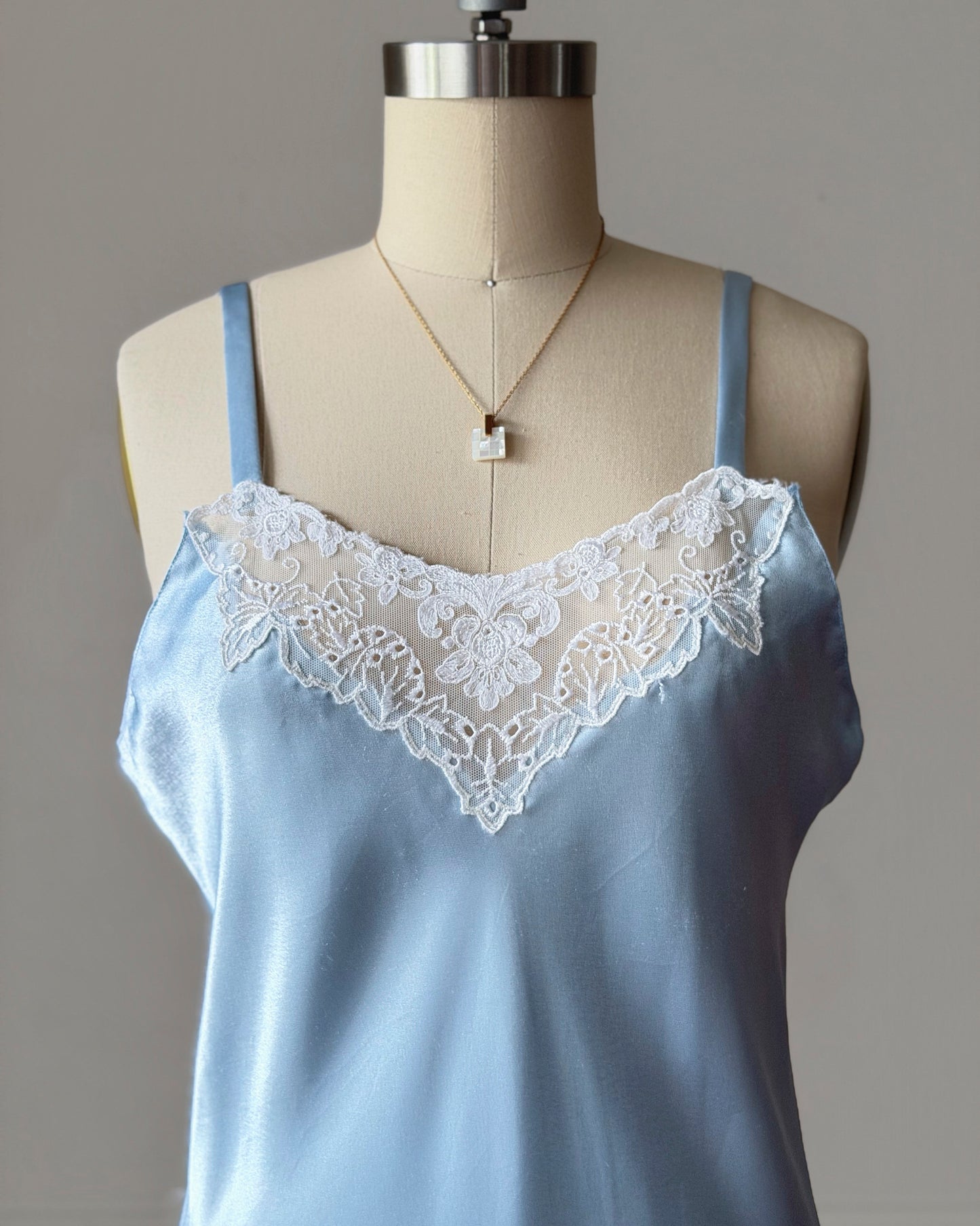 Baby Blue Satin Slip Dress — White Lace Neckline & Ruffle Hem