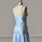 Baby Blue Satin Slip Dress — White Lace Neckline & Ruffle Hem