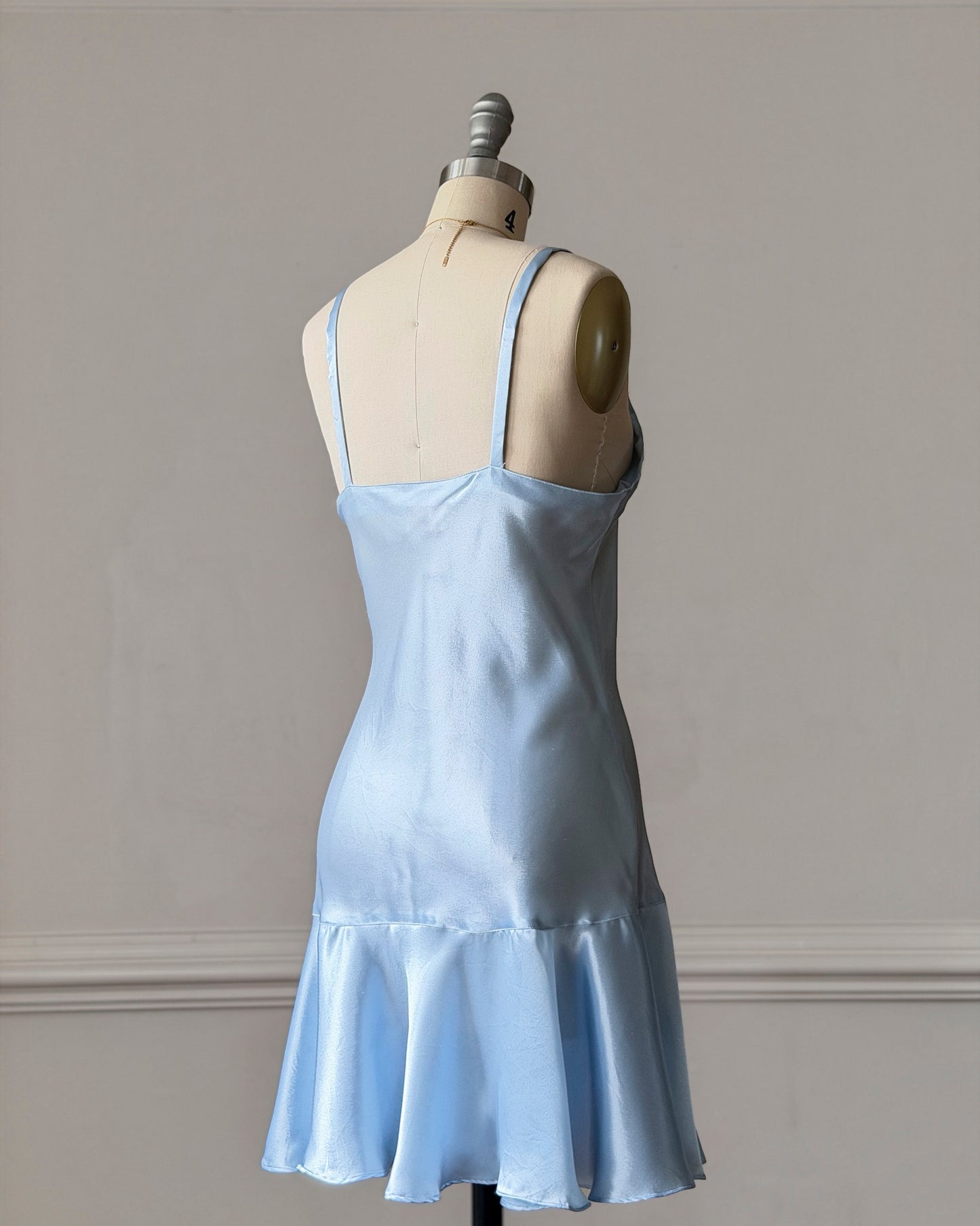 Baby Blue Satin Slip Dress — White Lace Neckline & Ruffle Hem