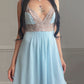 Baby Blue Lace Bodice Mini Dress — Champagne Embroidered Empire Waist