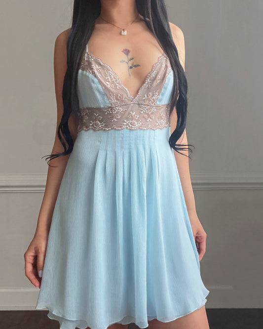Baby Blue Lace Bodice Mini Dress — Champagne Embroidered Empire Waist
