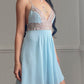 Baby Blue Lace Bodice Mini Dress — Champagne Embroidered Empire Waist