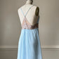 Baby Blue Lace Bodice Mini Dress — Champagne Embroidered Empire Waist