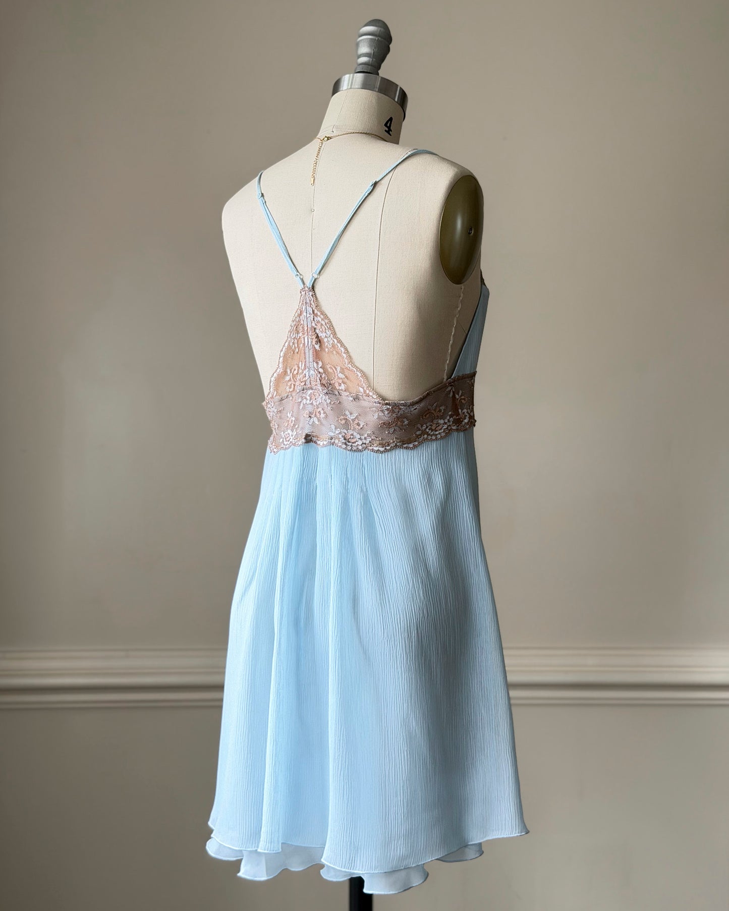 Baby Blue Lace Bodice Mini Dress — Champagne Embroidered Empire Waist