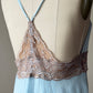 Baby Blue Lace Bodice Mini Dress — Champagne Embroidered Empire Waist