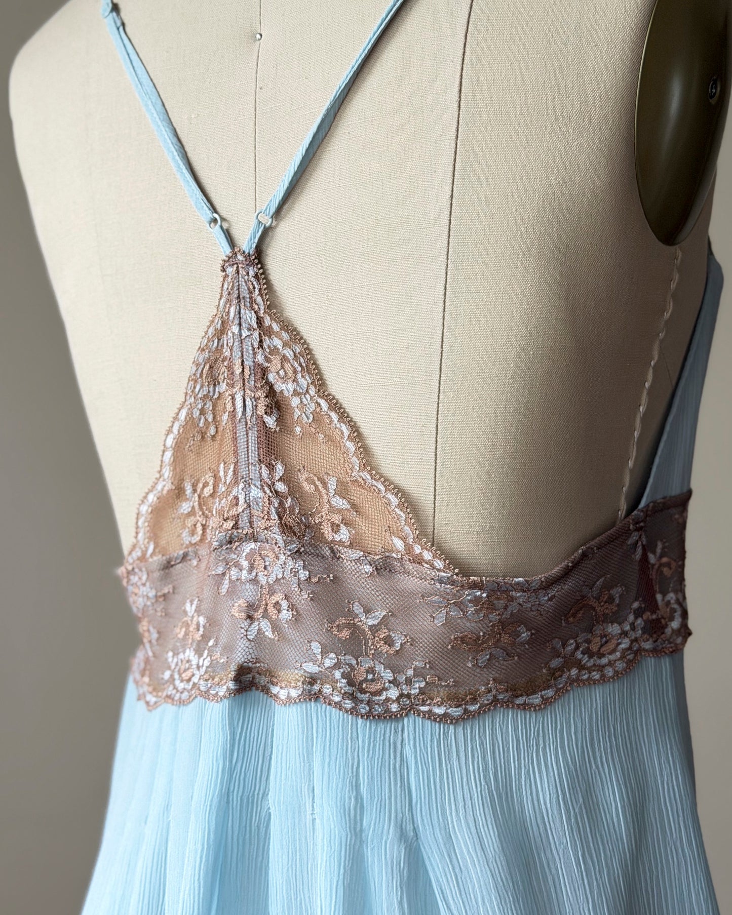 Baby Blue Lace Bodice Mini Dress — Champagne Embroidered Empire Waist
