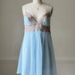 Baby Blue Lace Bodice Mini Dress — Champagne Embroidered Empire Waist