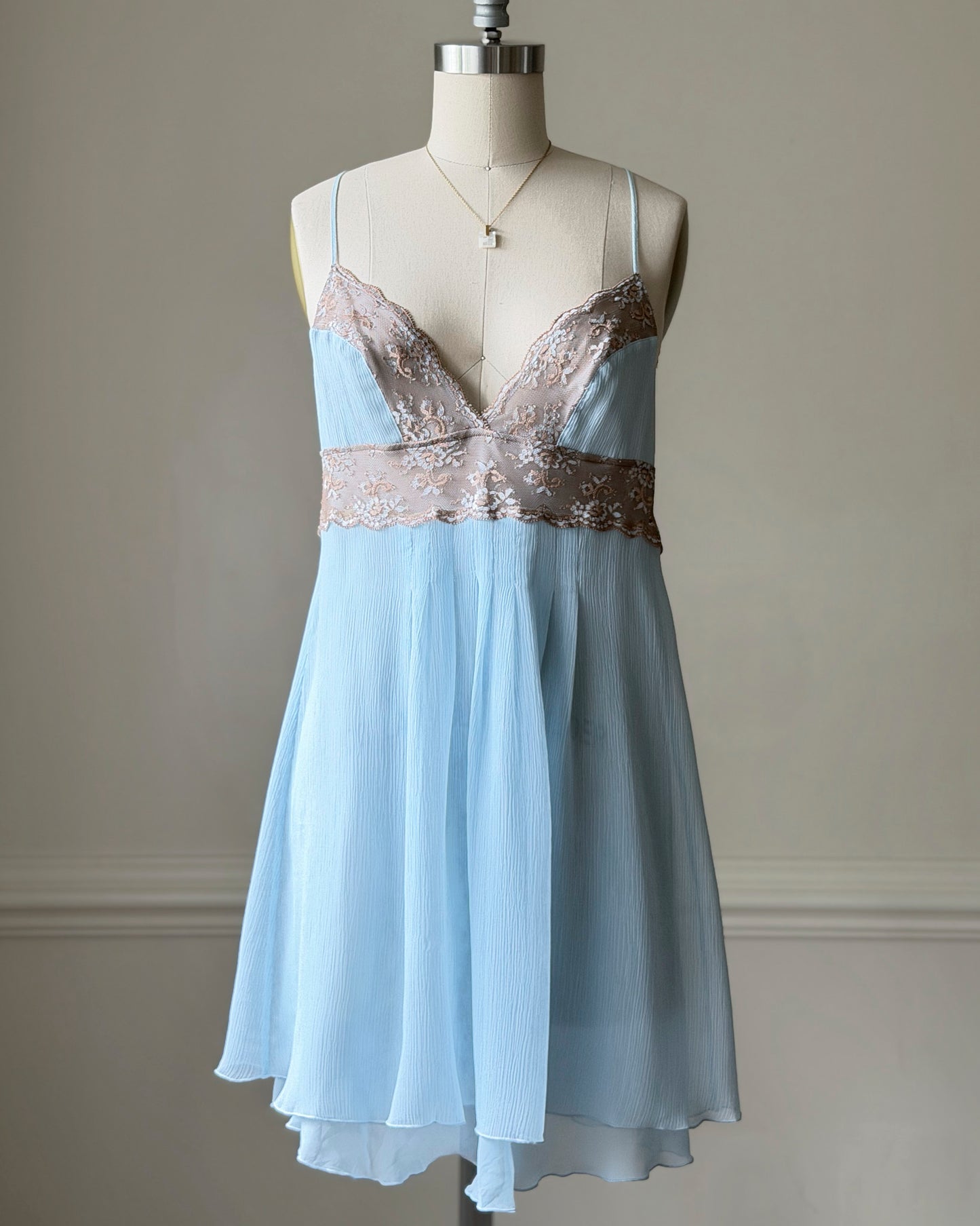 Baby Blue Lace Bodice Mini Dress — Champagne Embroidered Empire Waist