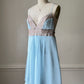 Baby Blue Lace Bodice Mini Dress — Champagne Embroidered Empire Waist